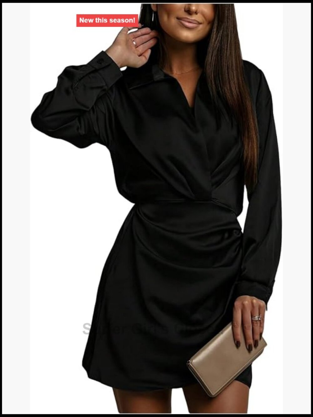 Women's Satin Long Sleeve Mini Dress Ruched Wrap V Neck Slip Dress